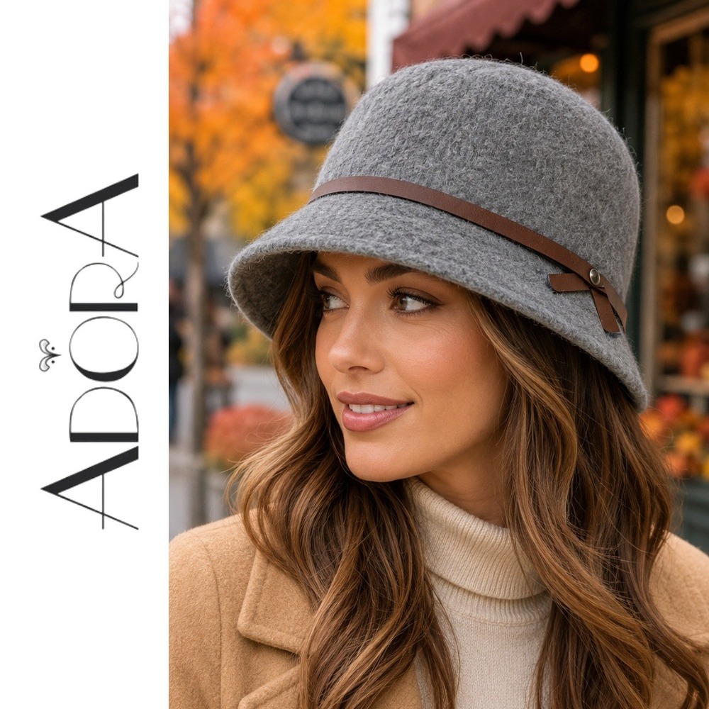 Adora, Grey Wool Blend Cloche Hat Bucket Hat Band Accent One Size